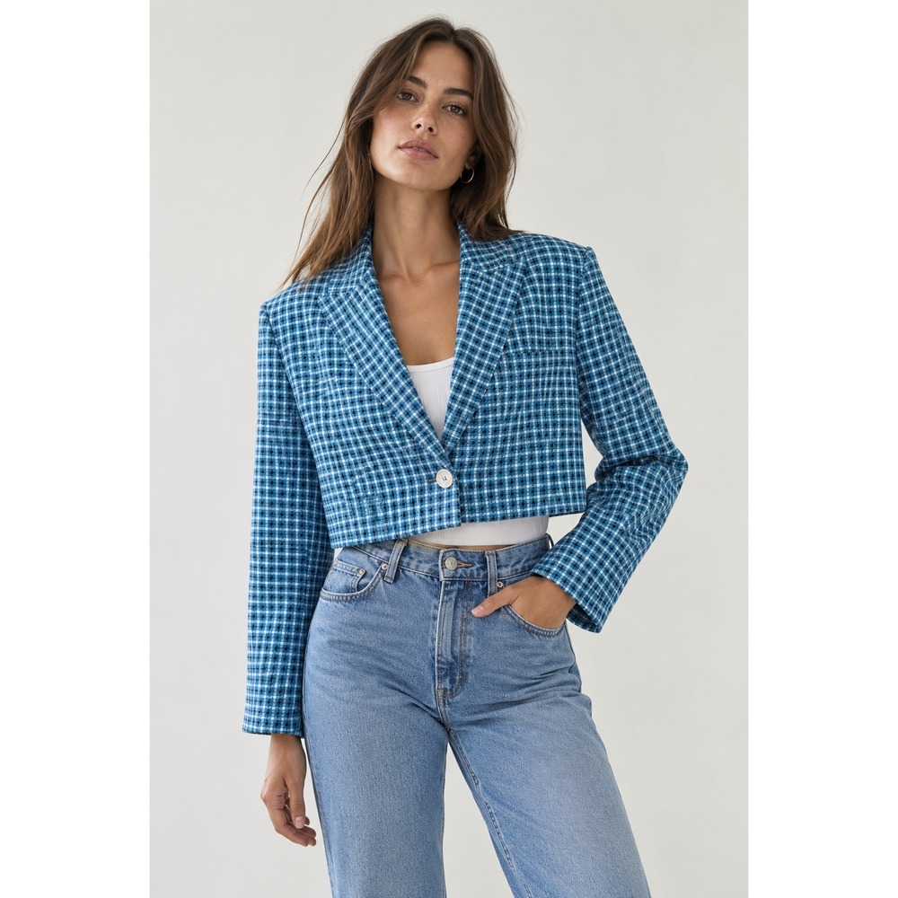 NWT ZARA Women Blue Check Cropped Blazer Jacket Medium